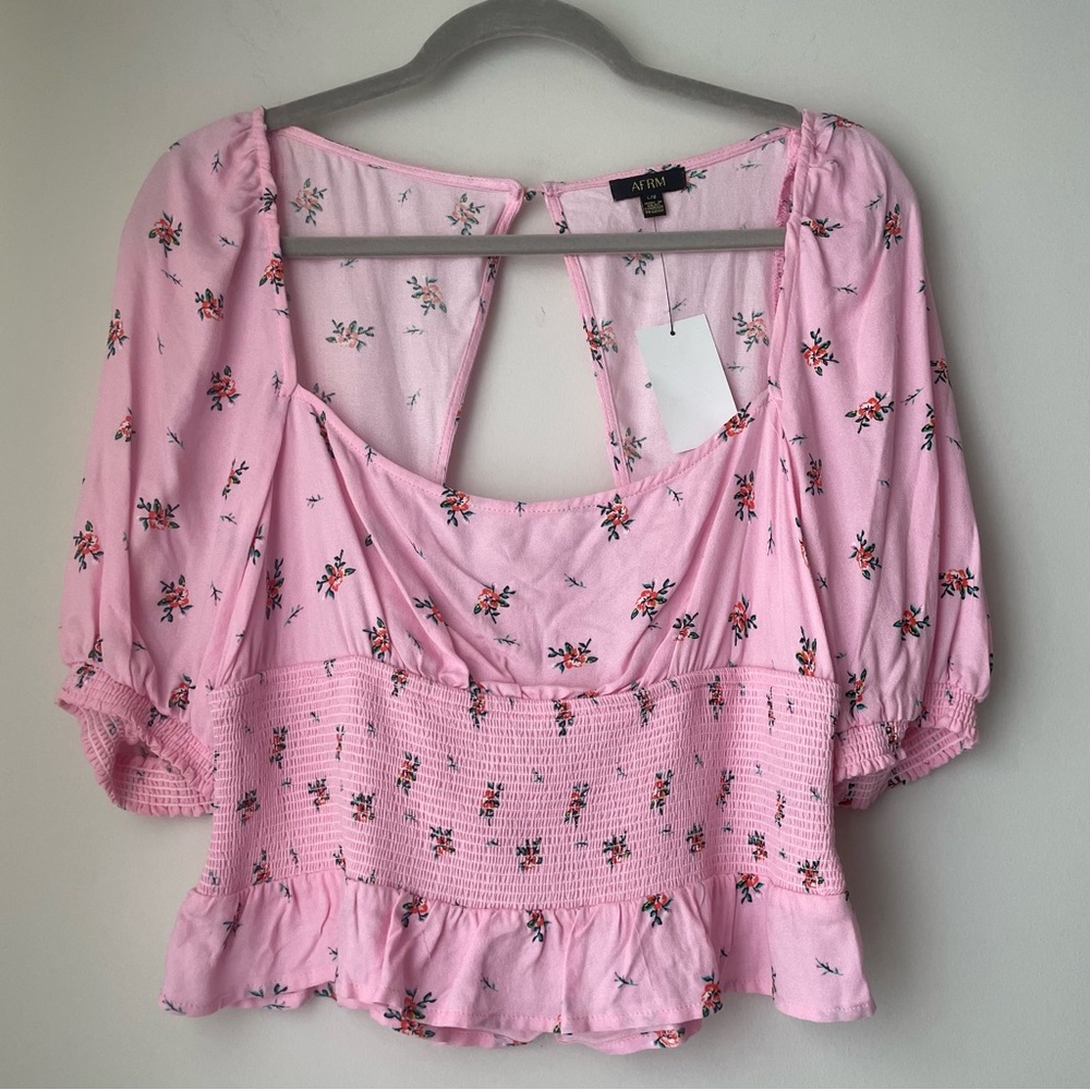 AFRM Pink Floral Print Crop Smocked Top Size Large - Picture 1 of 9